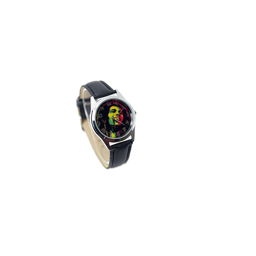 Taport Bob Marley Quartz Round Watch Real Leather Band Black