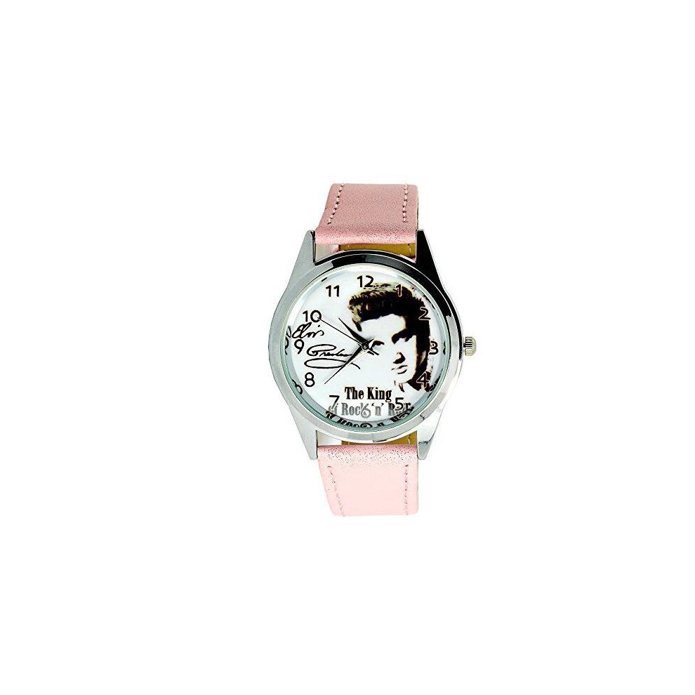 Elvis Presley Quartz Round Watch Real Leather Pink Band