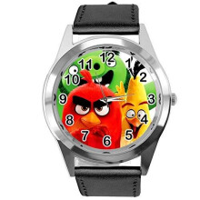Black Leather Band Quartz Watch for Angry Birds Fans E1