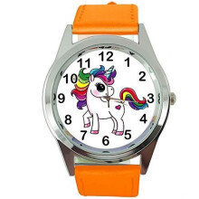 Womens Watch Analogue Quartz with Real Leather Band Orange Round Unicorn E2