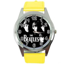 Watch Analogue Quartz with Real Leather Band Yellow Round for Fan of Beatles e0