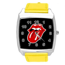 Watch Analogue Quartz with Real Leather Band Yellow Square for Fan of Rolling Stones