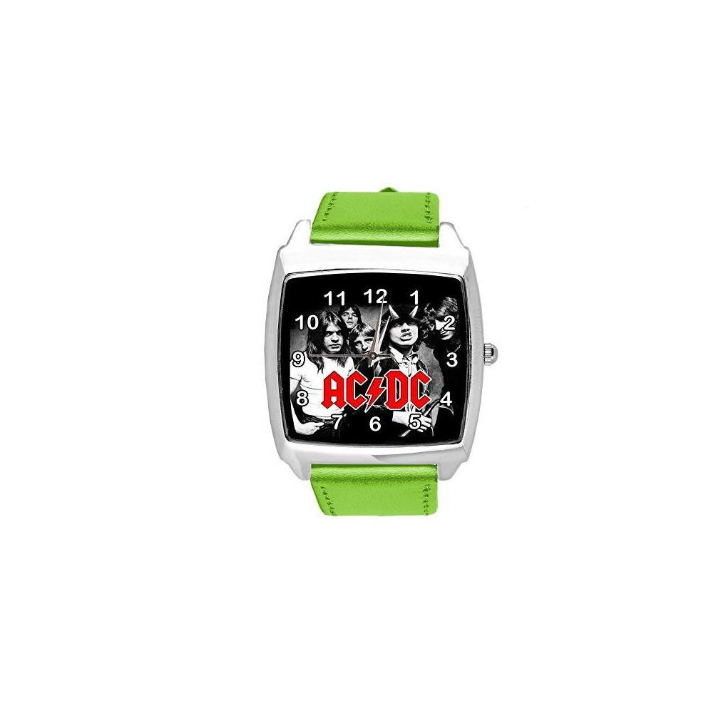Photos - Wrist Watch Watch Analogue Quartz with Real Leather Band Green Square for Fan of ACDC