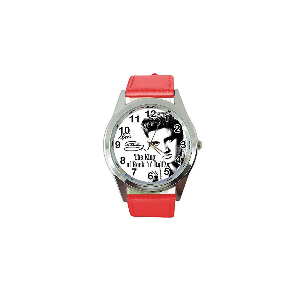 Watch Analogue Quartz with Real Leather Band RED Round for Fan of Elvis Presley e0