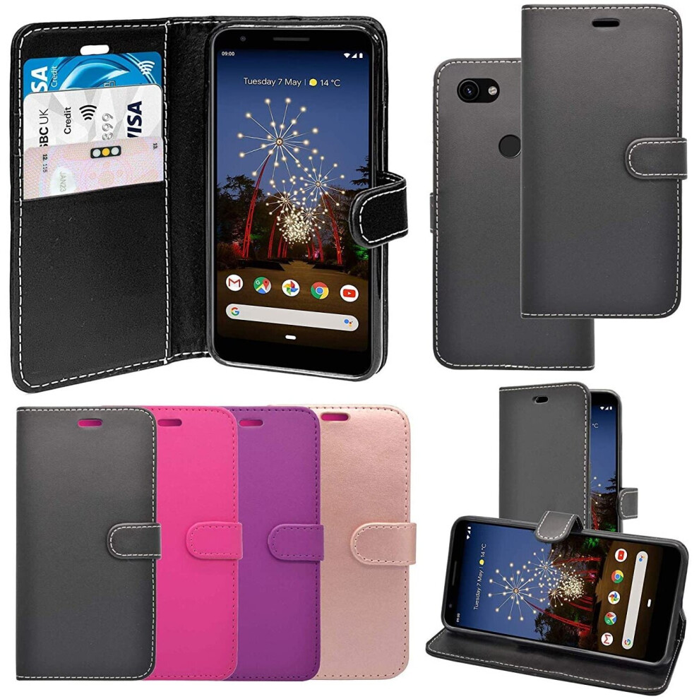 (Black) Case For Google Pixel 3a Wallet Flip PU Leather Pouch Phone Cover