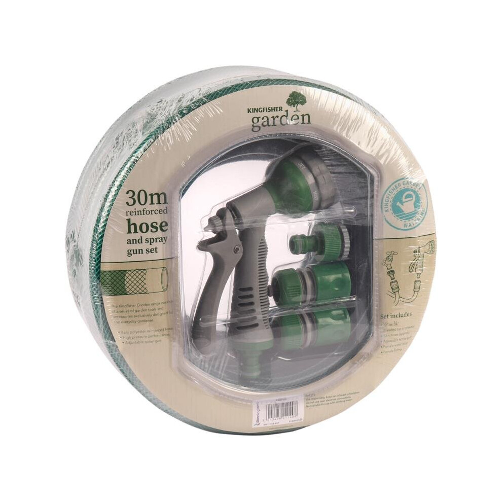 Kingfisher 30M Reinforced Garden Hose Pipe / Hosepipe And Spray Gun Set Green