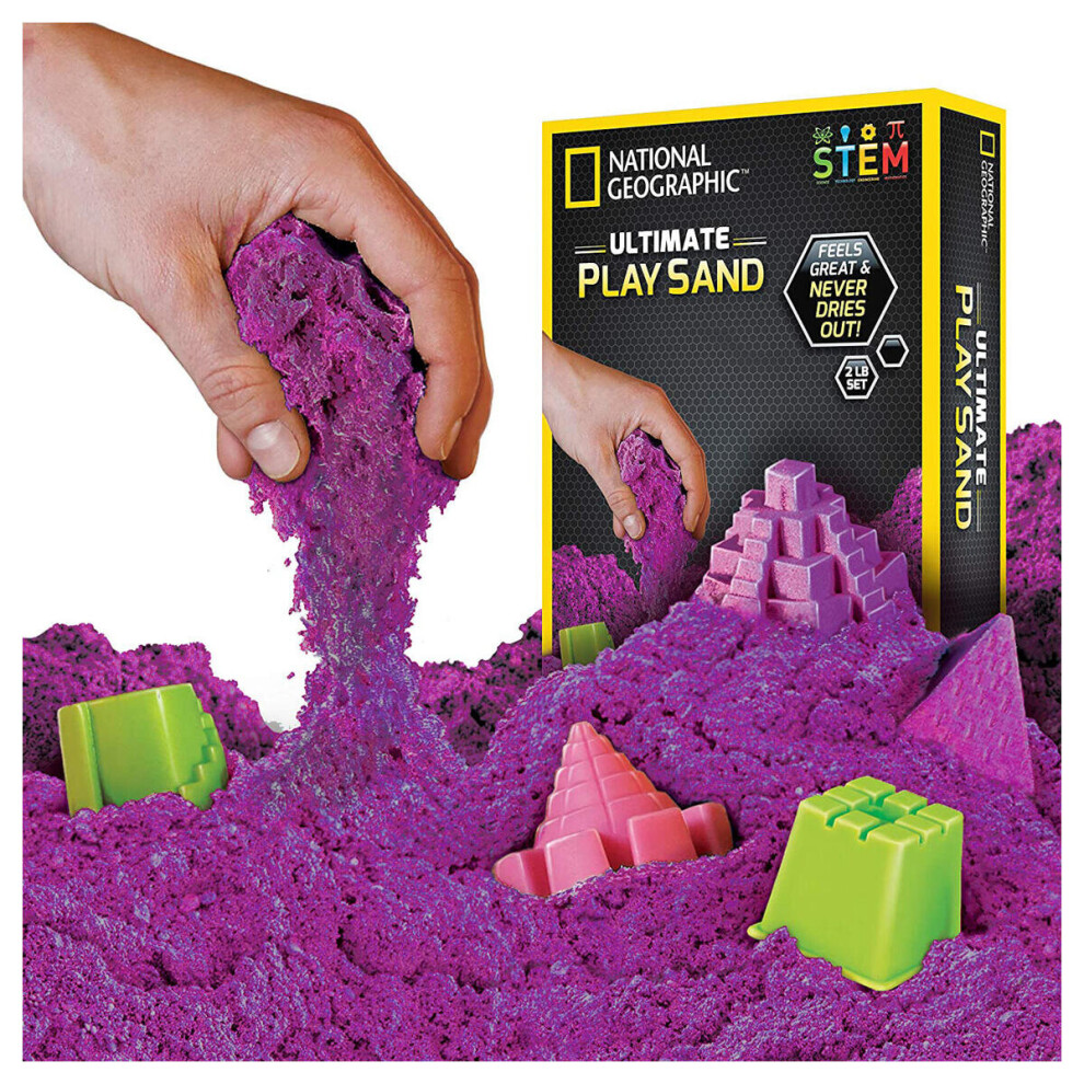 National Geographic Sparkling Play Sand - 900 Grams of Shimmering Sand with Castle Molds (Purple) - A Kinetic Sensory Activity