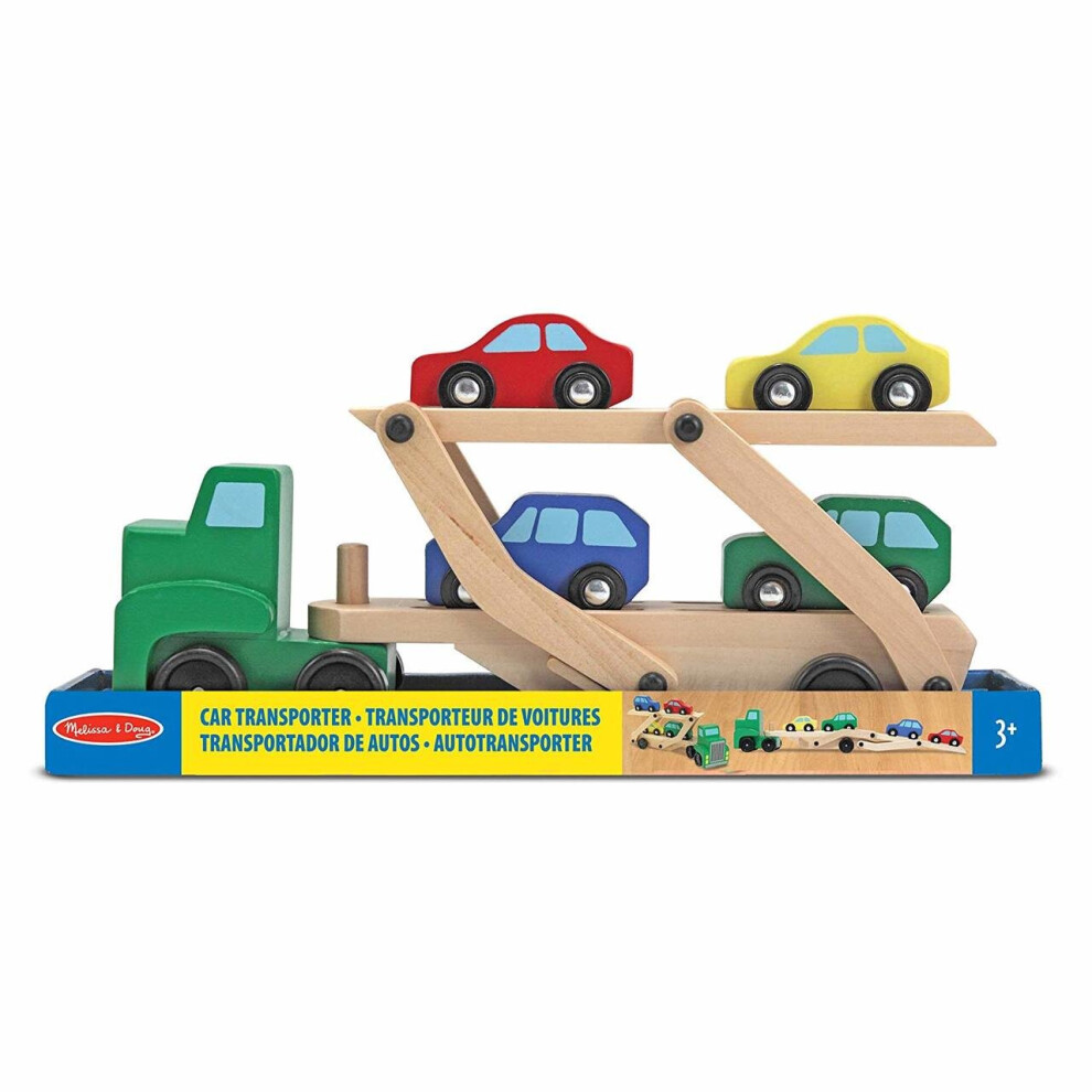 Melissa and Doug Wooden Car Transporter 4 Push-Along Vehicles Wagon Truck Toy