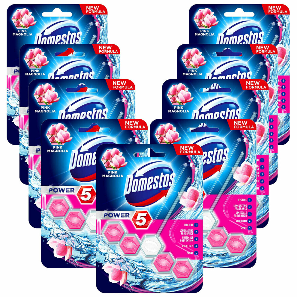 Domestos Power 5 Pink Magnolia Toilet Rim Block 55g Pack of 9