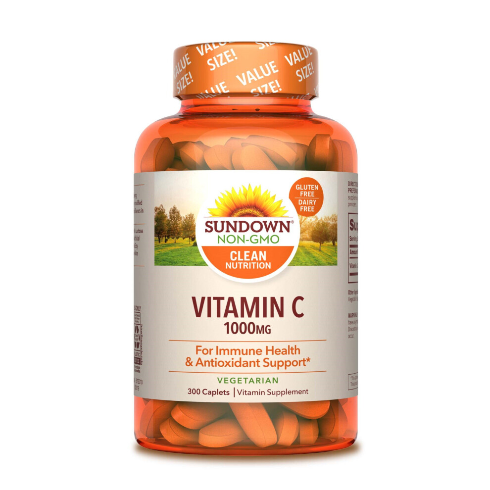Sunshine Naturals Sundown Non-Gmo Clean Nutrition Vitamin C 1000 Mg Dietary Supplement Vegetarian Caplets 300 Ct
