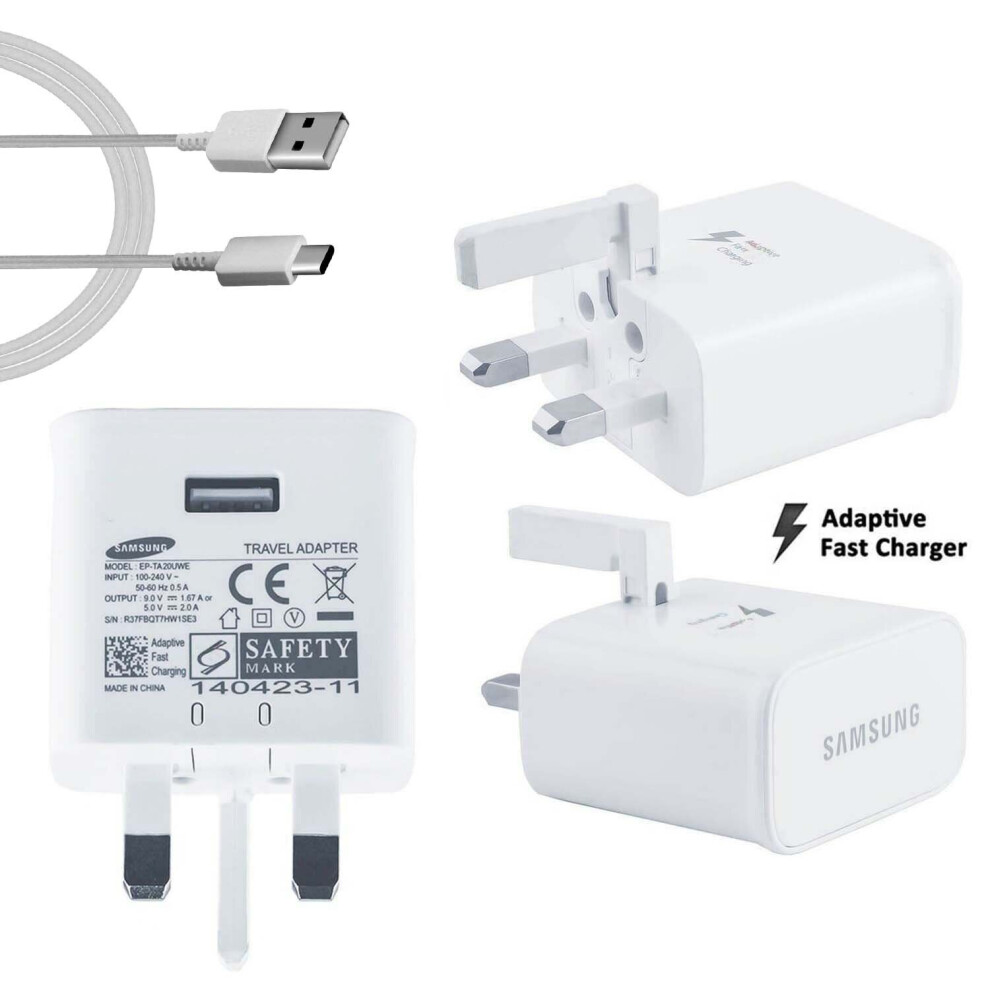 (Plug Head & Cable) Samsung UK Mains Plug Charger 2 Amp Adaptive Fast Charging And USB-C Cable