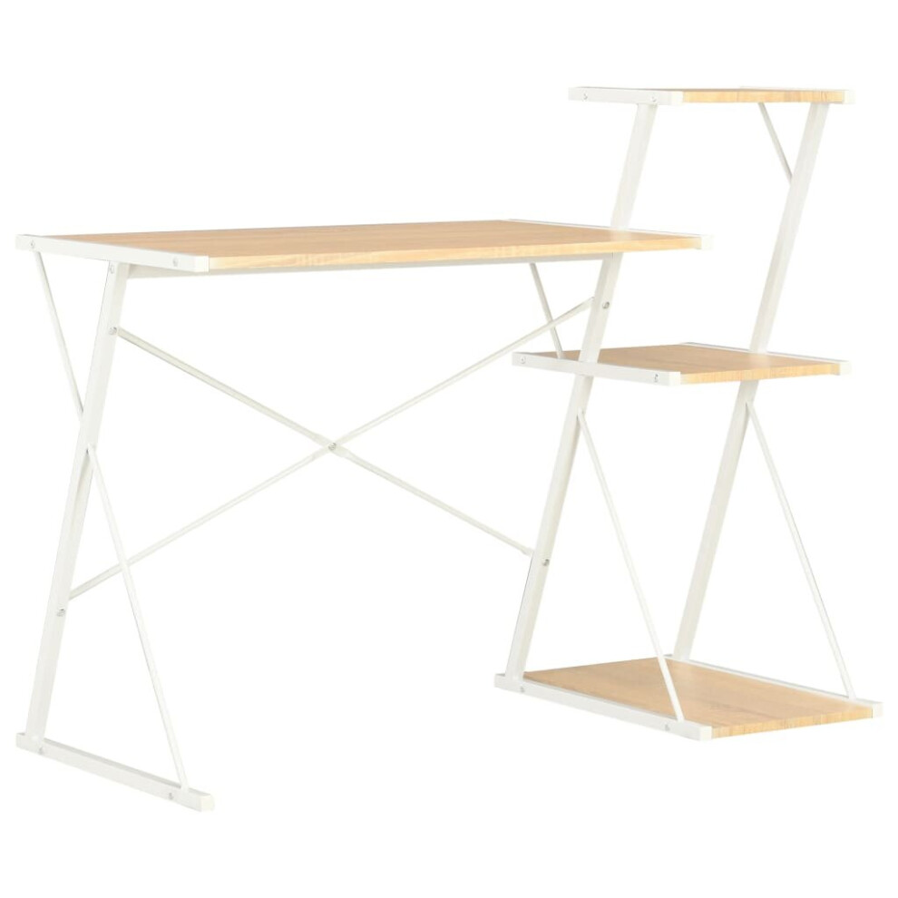 Vidaxl Computer Desk With 3 Tier Bookcase X-Shape Legs White And Oak Pc Desk
