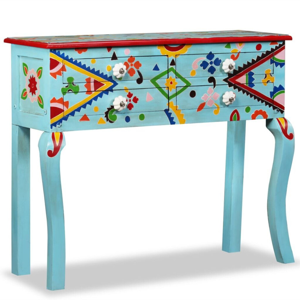 vidaXL Solid Mango Wood Console Table Blue Hand Painted 4 Drawers Bedroom