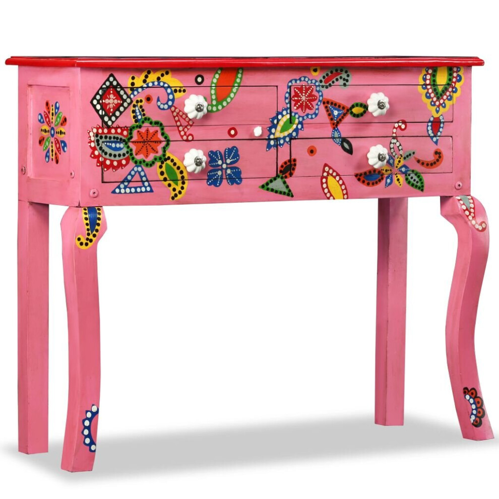 vidaXL Solid Mango Wood Console Table Pink Hand Painted 4 Drawers Bedroom