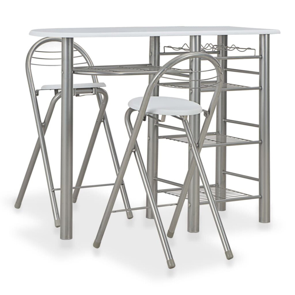 vidaXL Bar Set with Shelves 3 Pieces Wood and Steel White Bar Table and Stools