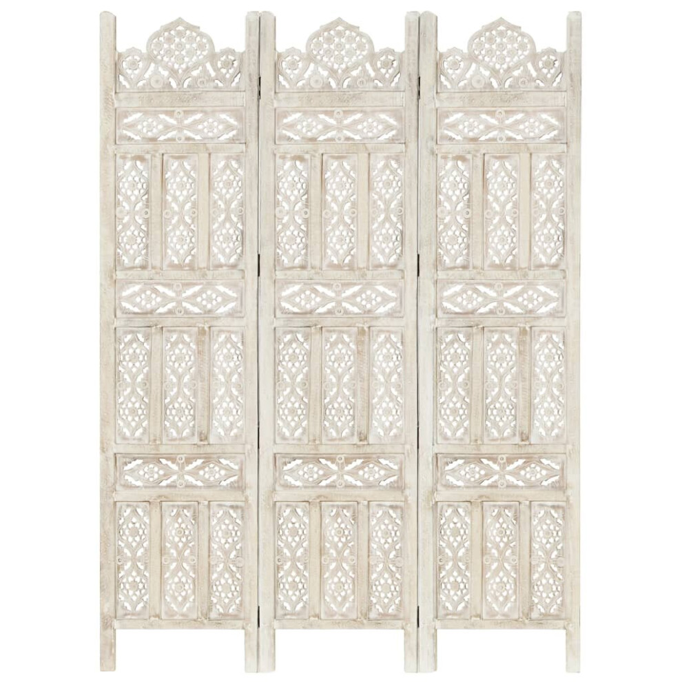 vidaXL Solid Mango Wood Hand carved 3-Panel Room Divider White 120cm Screen