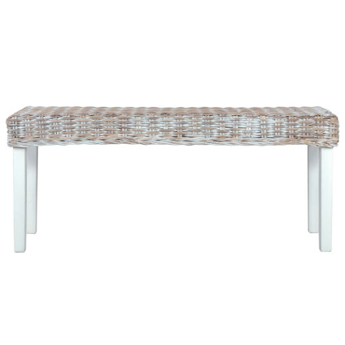 VidaXL vidaXL Solid Mango Wood Bench White Natural Kubu Rattan Kitchen Seating Chair 1