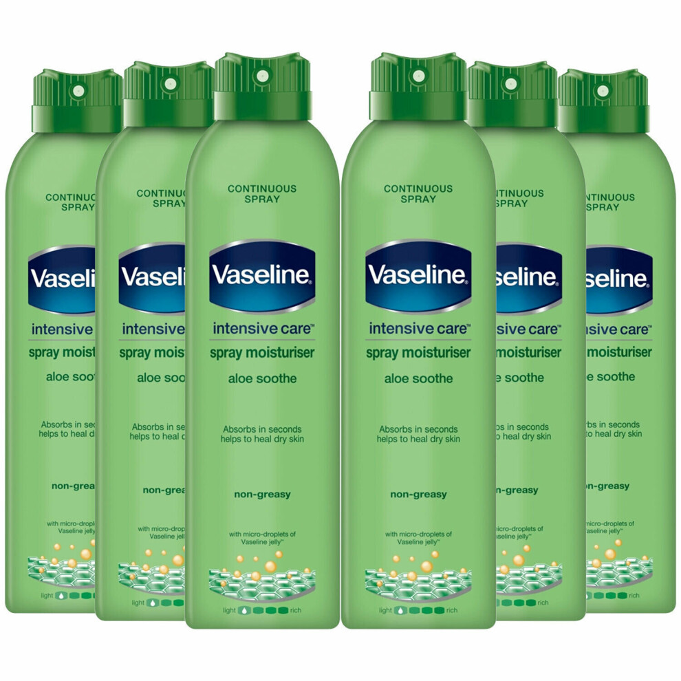 Vaseline Intensive Care Spray Moisturizer, Aloe Soothe, 6 Pack, 190ml