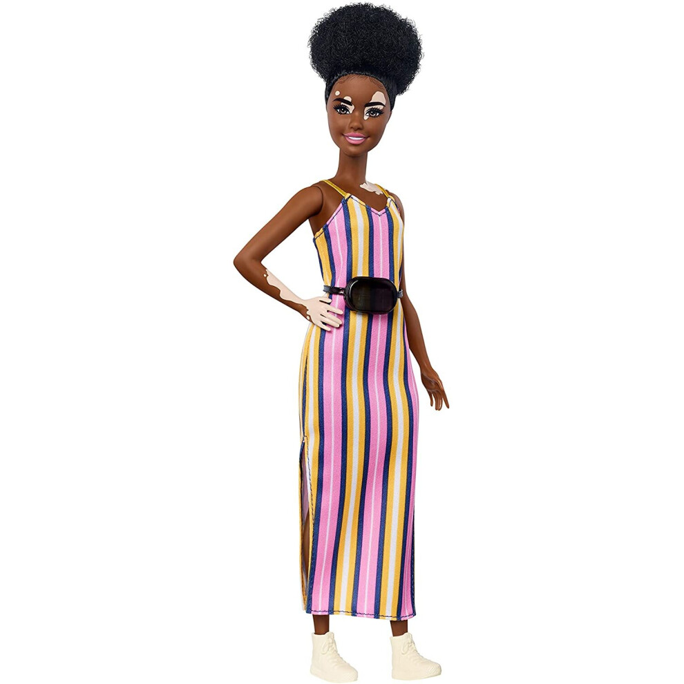 Barbie GHW51 Fashionistas Doll with Vitiligo and Curly Brunette Hair Wearing Striped Dress and Accessories