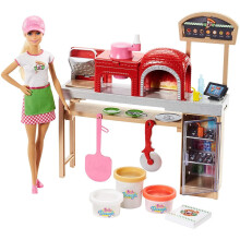 Barbie Pizza Kockdocka & Lekset, Ugn & Disk med Glidande Transportband, Mjöls, 3 Degafärger & Tillbehör