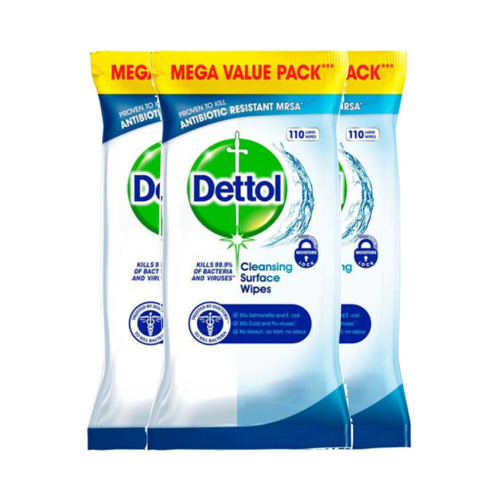 Dettol Large Antibacterial Wipes - 110 Pack x 3 (330 Wipes)