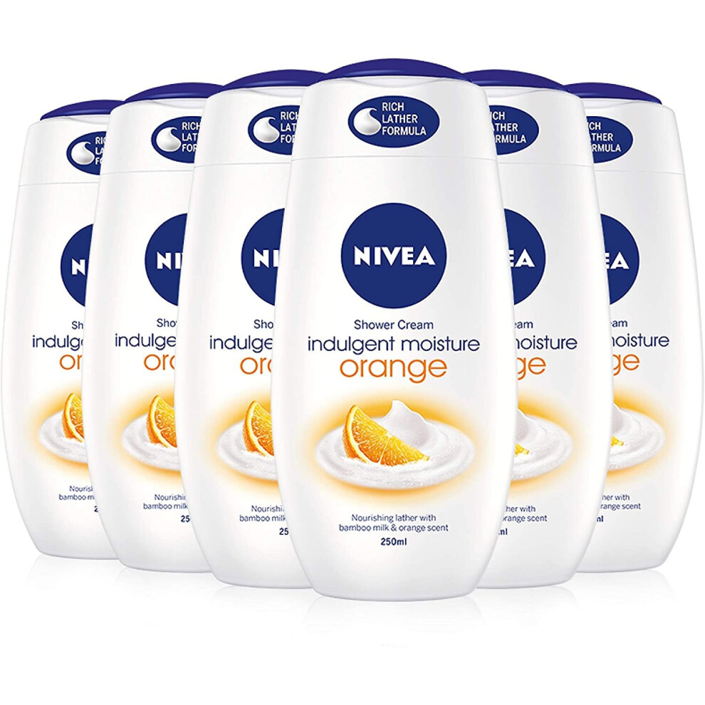 NIVEA Indulgent Moisture Orange Shower Cream, Moisturising Shower Gel with Bamboo Milk, Luxurious Body Wash for Women with Argan Oil Pack of 6 x 250ml