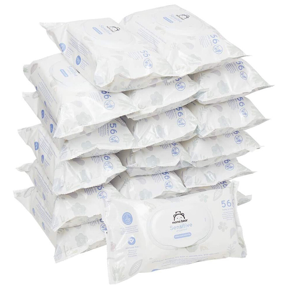 Mama Bear Sensitive Unscented baby wipes Suitable for sensitive skin With aloe vera  Ideal For Hands, Feet & Nappy Change – Pack of 18 (1008 wipes)
