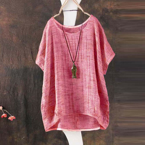 (14, Pink) Womens Summer Short Sleeve Casual Loose Tops Ladies T-shirt Linen Blouse Plus Size Boho Plain Tee Shirts