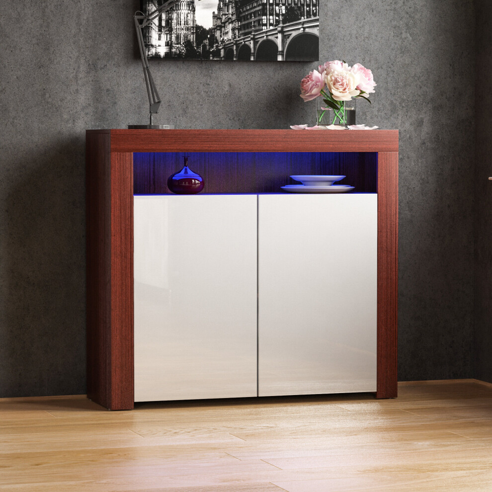 (Walnut & White) Nova 2 Door LED Sideboard Wide Shelf Gloss Cabinet