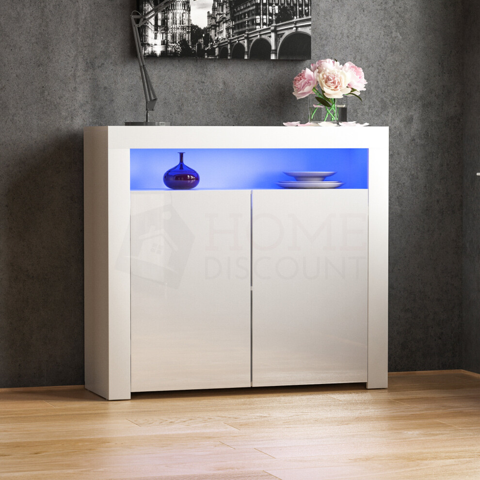 (White) Nova 2 Door LED Sideboard Wide Shelf Gloss Cabinet