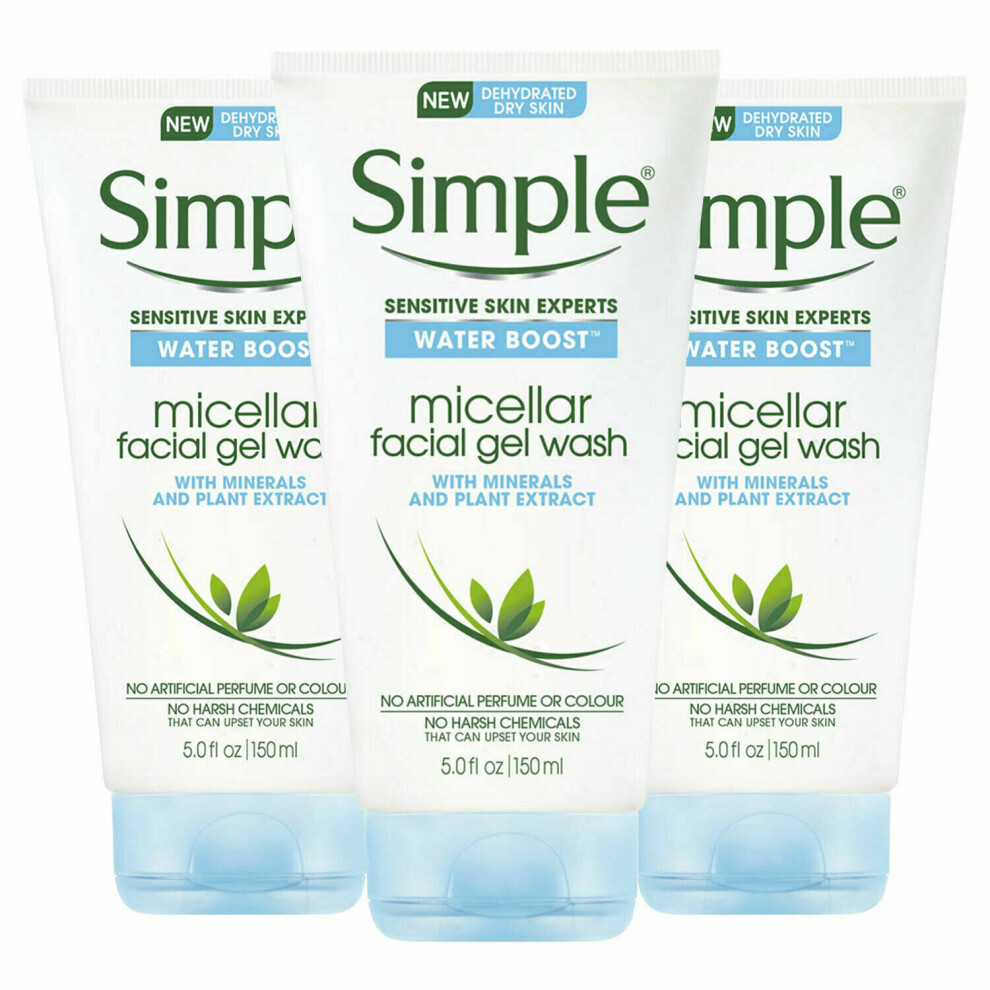 (3x Facial Gel Wash) Simple Water Boost Micellar Cleansing Water, Wipes & Face Wash