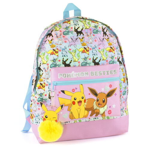 Pokemon Pikachu & Eevee Besties Girl's Backpack - Pink Glitter Kids School Bag with Front Pocket