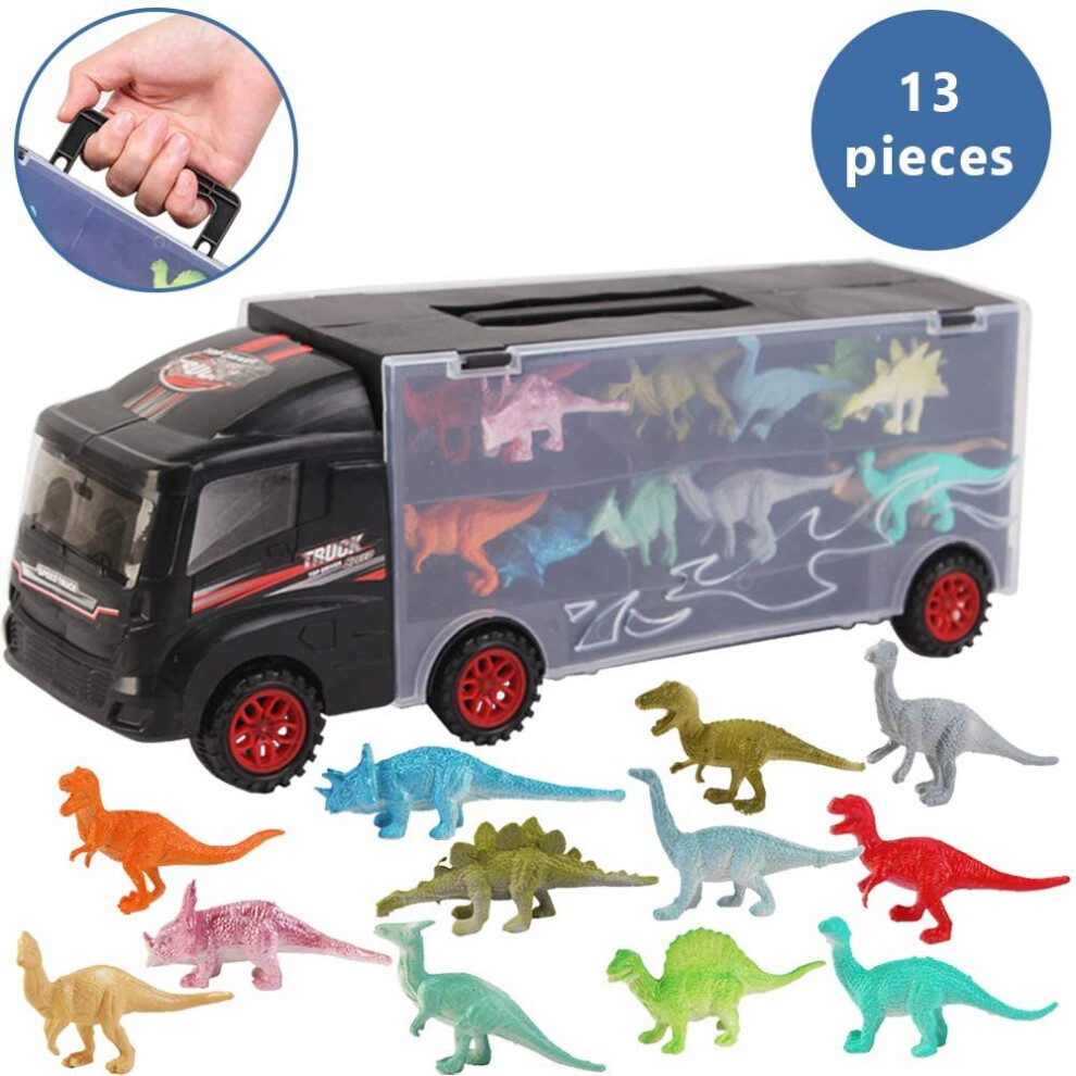 Deao Toys Deao 12 Pieces Dinosaur Transporter Truck Carrycase For Cars Play Set Carrier Including Miniature T-Rex, Triceratops, Raptor, Figures Included