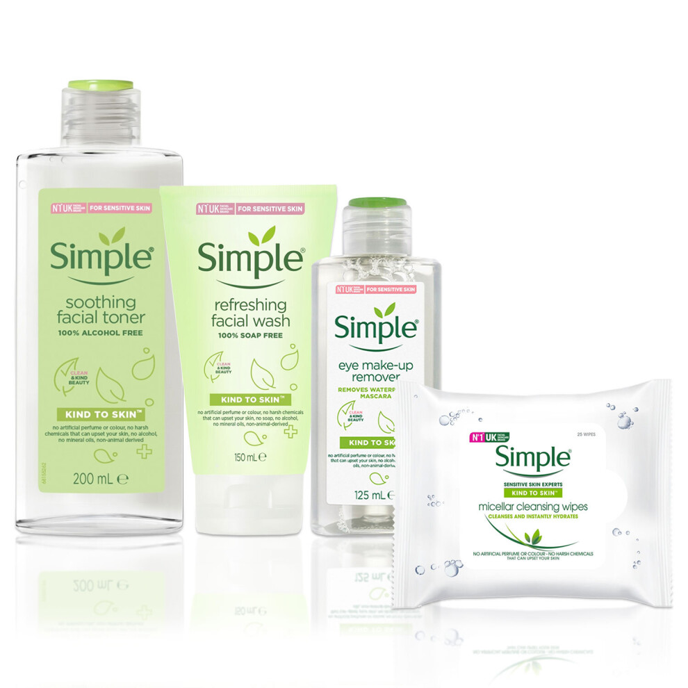 Simple Bundle of Eye Makeup Remover, Wipes, Facial Gel & Toner