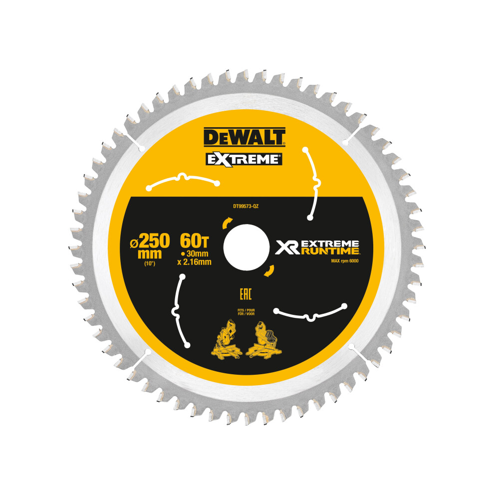 DEWALT Extreme Runtime FlexVolt Mitre Saw Blade 250 x 30mm x 60T