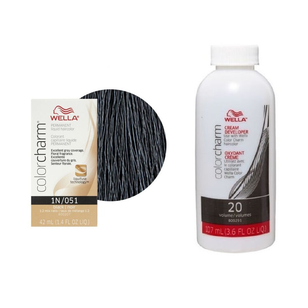 Wella Multicoloured (1N + Developer (Vol. 20) 3.6Oz ) Color Charm Permanent Liquid Haircolor