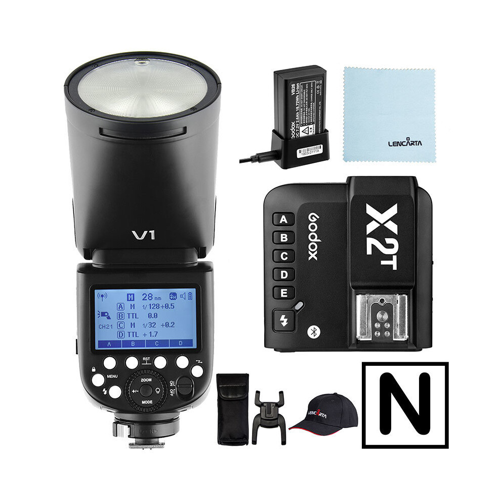 Godox Flash Strobe V1-Nikon Camera Speedlite Round Head with X2T Wireless Transmitter