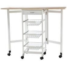 HOMCOM Drop-Leaf Kitchen Trolley w/ 3 Baskets Drawer Surface Top 6 Wheels White