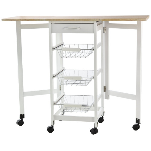 HOMCOM Drop-Leaf Kitchen Trolley w/ 3 Baskets Drawer Surface Top 6 Wheels White