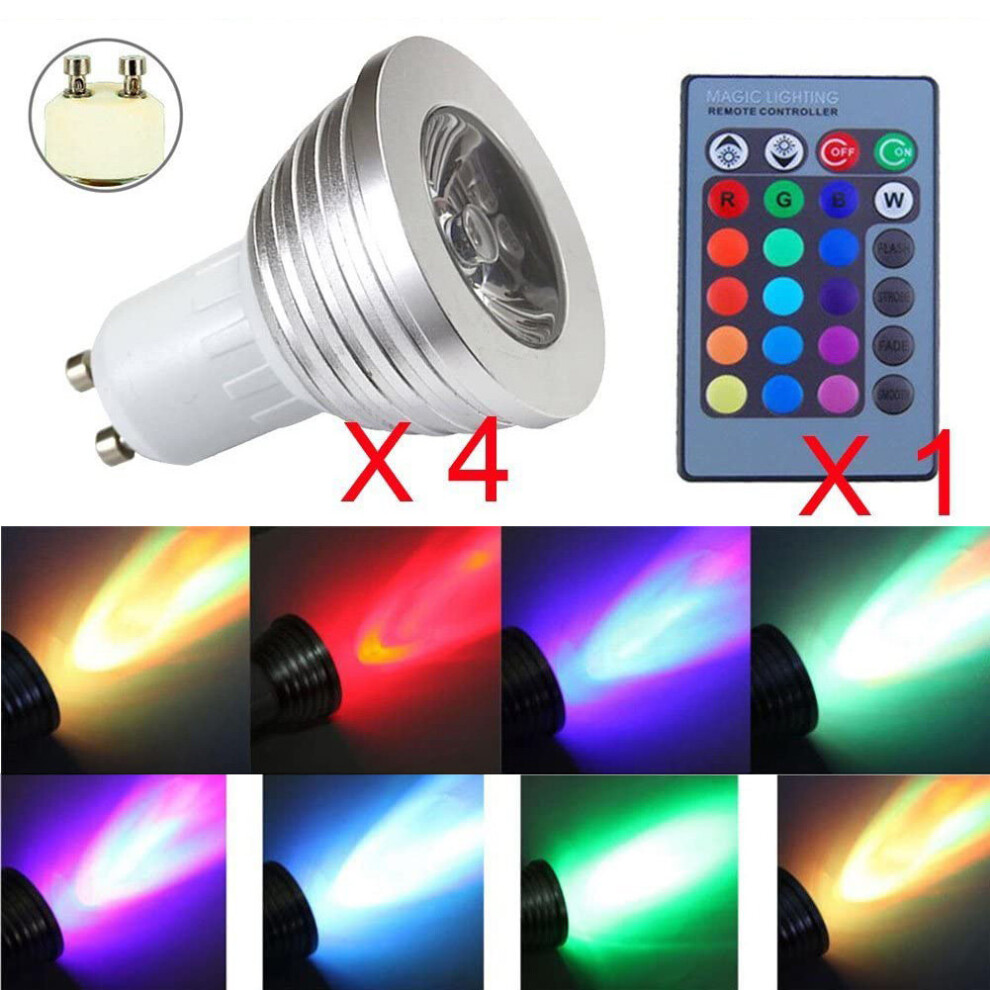 4 x GU10 3W 16 Color Changing RGB Dimmable LED Light Bulbs Lamp RC Remote Spot