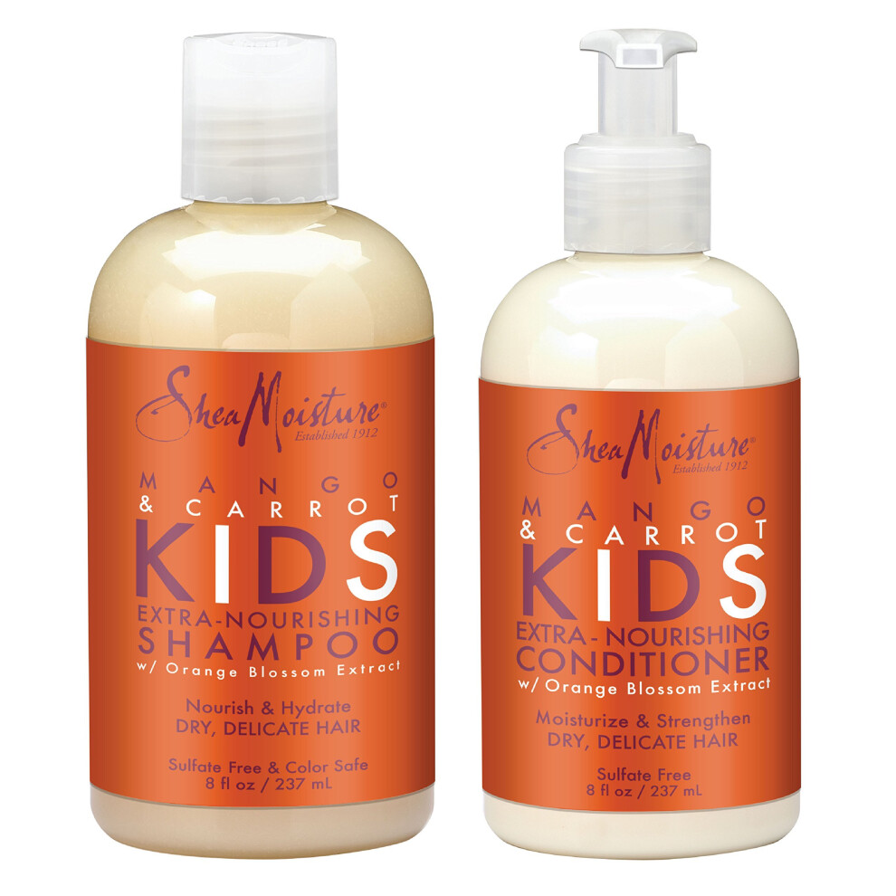 Shea Moisture Mango & Carrot Kids Extra-Nourishing Shampoo (8 Oz) and Conditioner (7.7 Oz) Orange Blossom Extract Dry Delicate Hair Vitamin