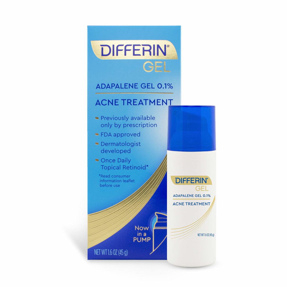 Differin Adapalene prescription strength retinoid gel 0.1% acne treatment (up to 90 day supply), 45 gram, pump