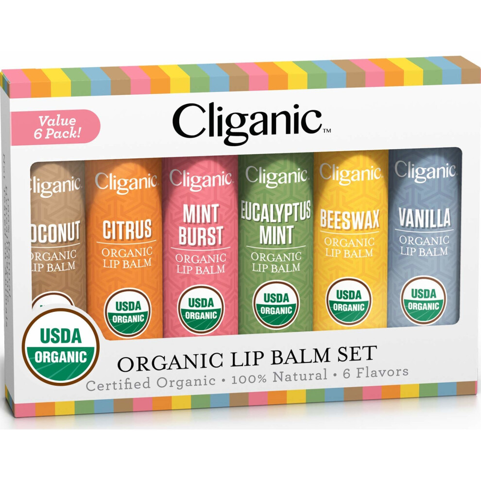 Cliganic USDA Organic Lip Balm Set - 6 Flavors - 100% Natural Moisturizer for Cracked & Dry Lips