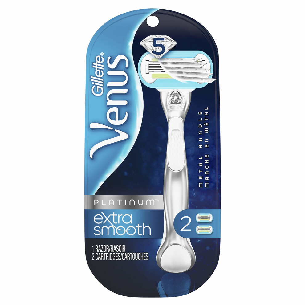 Venus Platinum Extra Smooth Metal Handle Women's Razor Handle + 2 Blade Refills