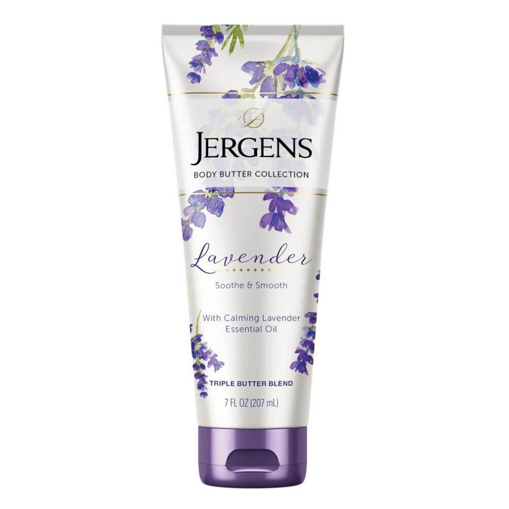 Jergens Lavender Body Butter Moisturizer, 7 Ounce Lotion, with Essential Oil, for Indulgent Moisturization