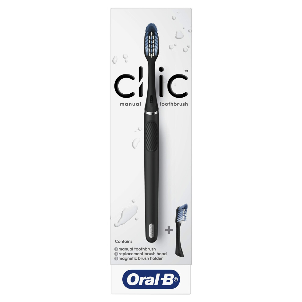 Oral-B Clic Manual Toothbrush, Matte Black, with 1 Additional Replacement Brush Head and Magnetic Holder