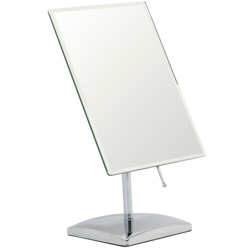 Premium Rectangular Vanity Table Mirror with Stand, Frameless Beveled Design, Non-Magnifying 9.8" x 7" Viewing Surface, Chrome Finish