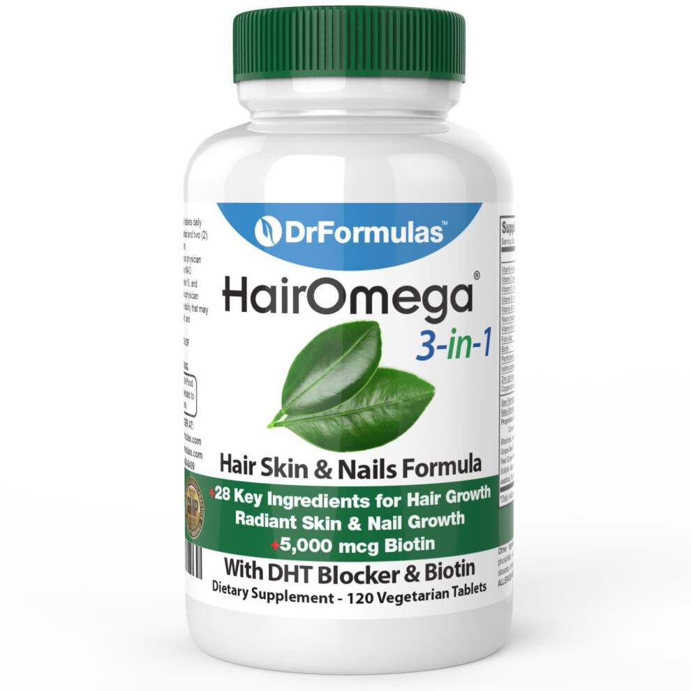 DrFormulas HairOmega 3-in-1 Hair Growth Vitamins with DHT Blocker, Biotin for Women & Men | Hair Skin and Nails Supplement for Hair Loss, 120 Pills