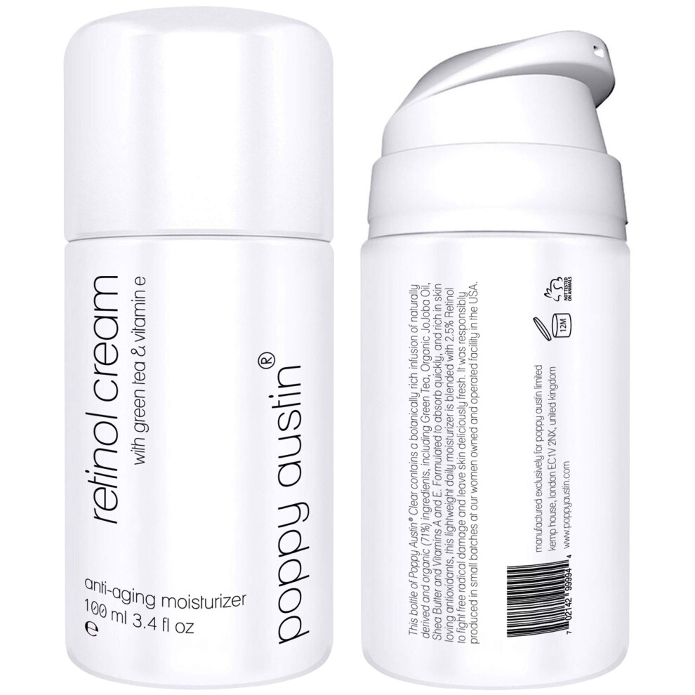Retinol Cream for Day & Night by Poppy Austin - Cruelty-Free & Organic, with 2.5% Retinol, Vitamin E, Green Tea & Shea Butter, Triple Sized 3.4 oz