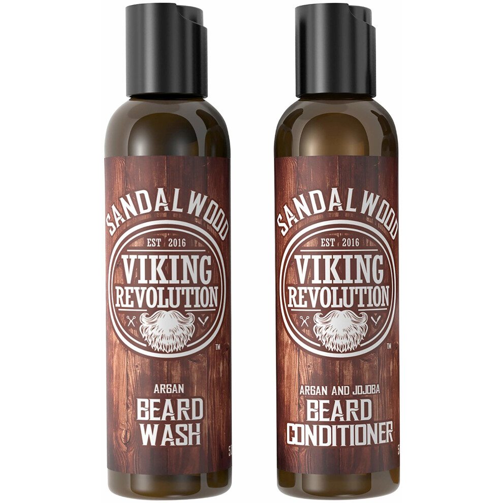 Viking Revolution Beard Wash & Beard Conditioner Set W/Argan & Jojoba Oils Softens & Strengthens Natural Sandalwood Scent Beard Shampoo W/Beard Oil (5Oz)